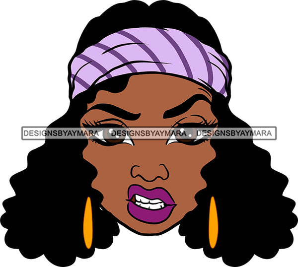 Afro Black Goddess Portrait Bamboo Earrings Bandana Attitude Gesture Sexy Lips Woman Curly Hair Style  SVG Cutting Files For Silhouette  Cricut