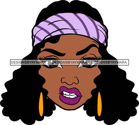 Afro Black Goddess Portrait Bamboo Earrings Bandana Attitude Gesture Sexy Lips Woman Curly Hair Style  SVG Cutting Files For Silhouette  Cricut