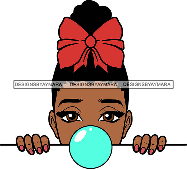 Afro Lili Black Girl Woman Peeking Peekaboo Bubble Gum Nails Nubian Queen Melanin Bow  Up Do Hair Style SVG Cutting Files For Silhouette Cricut More