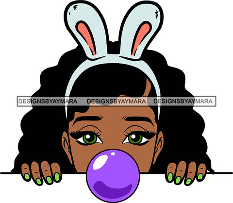 Afro Lili Black Girl Woman Peeking Peekaboo Bubble Gum Nails Nubian Queen Melanin Easter Bunny Ears Curly Hair Style SVG Cutting Files For Silhouette Cricut More