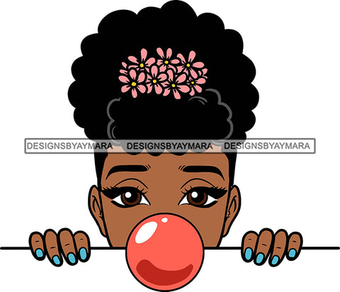 Afro Lili Black Girl Woman Peeking Peekaboo Bubble Gum Nails Nubian Queen Melanin Flower Up Do Hair Style SVG Cutting Files For Silhouette Cricut More