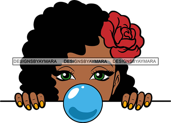 Afro Lili Black Girl Woman Peeking Peekaboo Bubble Gum Nails Nubian Queen Melanin Flower Curly Hair Style SVG Cutting Files For Silhouette Cricut More