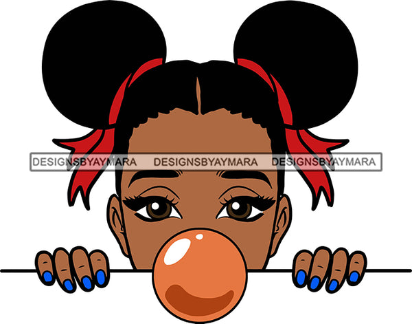 Afro Lili Black Girl Woman Peeking Peekaboo Bubble Gum Nails Nubian Queen Melanin Bow Pigtails Hair Style SVG Cutting Files For Silhouette Cricut More