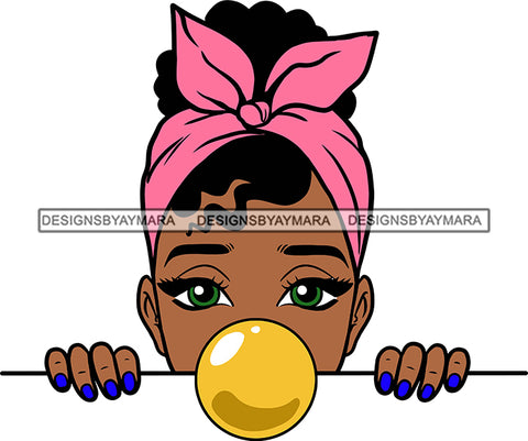 Afro Lili Black Girl Woman Peeking Peekaboo Bubble Gum Nails Nubian Queen Melanin Bow  Up Do Hair Style SVG Cutting Files For Silhouette Cricut More