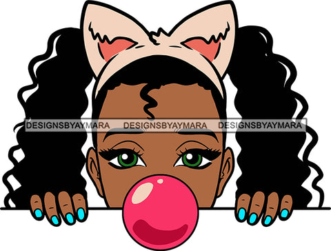 Afro Lili Black Girl Woman Peeking Peekaboo Bubble Gum Nails Nubian Queen Melanin Cat Ears Headband Curly Hair Style SVG Cutting Files For Silhouette Cricut More