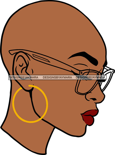 Afro Black Goddess Portrait Profile Bamboo Hoop Earrings Glasses Sexy Lips Woman Bald Hair Style  SVG Cutting Files For Silhouette  Cricut