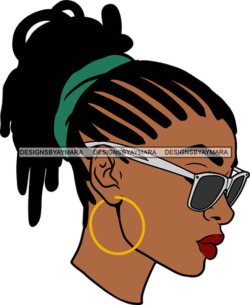 Afro Black Goddess Portrait Profile Bamboo Hoop Earrings Sunglasses Sexy Lips Woman Corn Rows Dreadlocks Hair Style  SVG Cutting Files For Silhouette  Cricut