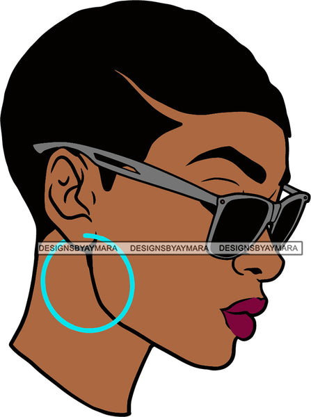 Afro Black Goddess Portrait Profile Bamboo Hoop Earrings Sunglasses Sexy Lips Woman Short Hair Style  SVG Cutting Files For Silhouette  Cricut