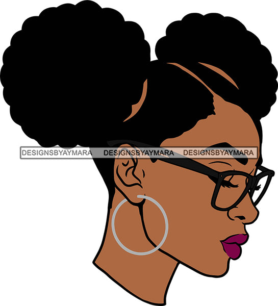 Afro Black Goddess Portrait Profile Bamboo Hoop Earrings Glasses Sexy Lips Woman Pigtails Hair Style  SVG Cutting Files For Silhouette  Cricut