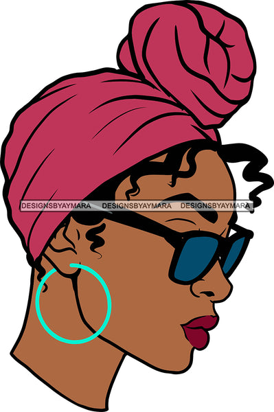 Afro Black Goddess Portrait Profile Bamboo Hoop Earrings Sunglasses Turban Sexy Lips Woman Curly Hair Style SVG Cutting Files For Silhouette  Cricut