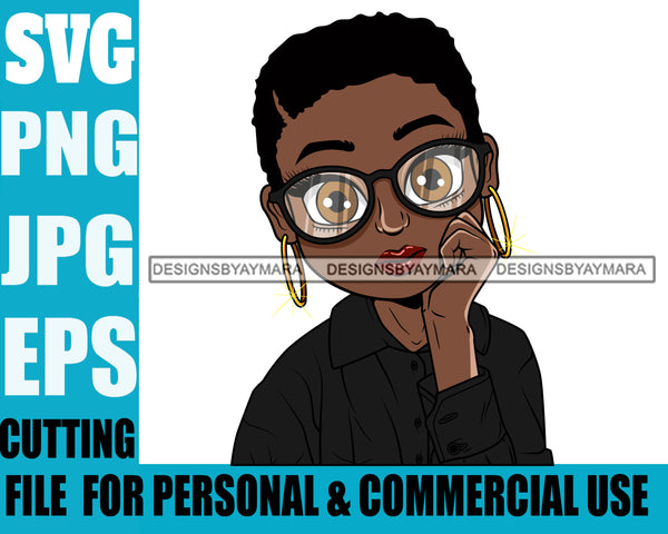 Afro Cute Lili Big Eyes Big Glasses Designs For Commercial And Personal Use Black Girl Woman Nubian Queen Melanin SVG Cutting Files For Silhouette Cricut and More