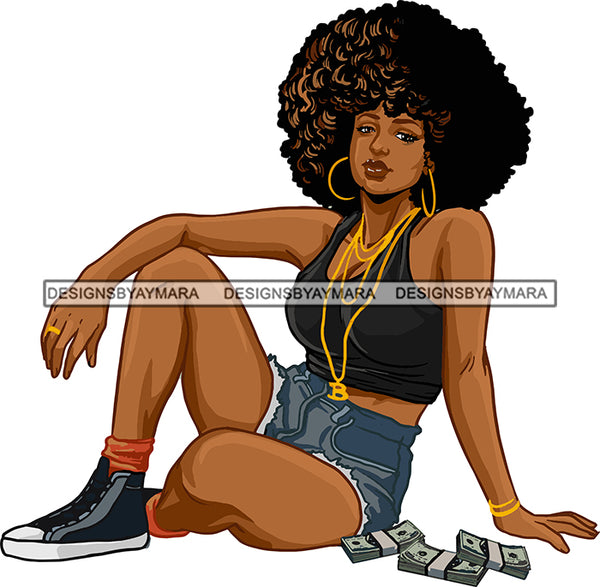 Afro Black Woman Badass Goddess Money Hustle Sexy Woman Sunglasses Hoop Earrings Necklace Afro Hair Style SVG Cutting Files For Silhouette Cricut