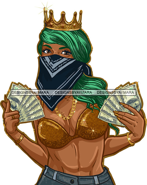 Afro Black Woman Badass Goddess Queen Crown Money Hustle Sexy Woman Face Cover Hoop Earrings Necklace  Tattoo Curly Hair Style SVG Cutting Files For Silhouette Cricut