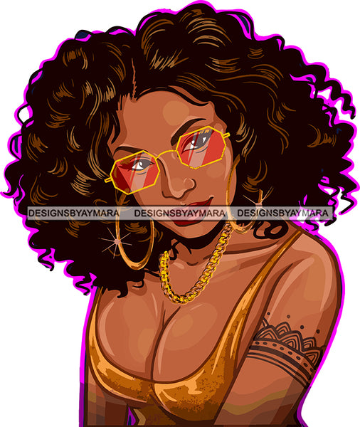 Afro Black Woman Badass Goddess Hustle Sexy Woman Sunglasses Hoop Earrings Necklace  Tattoo Curly Hair Style SVG Cutting Files For Silhouette Cricut