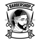 Afro Bearded Black Man Barbershop Logo Scissors Handsome Attractive Manly Mustache B/W SVG JPG PNG Vector Clipart Cricut Silhouette Cutting
