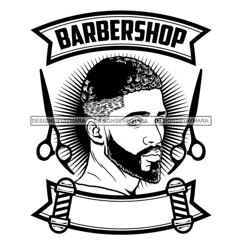 Afro Bearded Black Man Barbershop Logo Scissors Handsome Attractive Manly Mustache B/W SVG JPG PNG Vector Clipart Cricut Silhouette Cutting