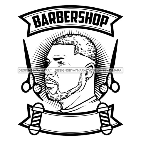 Afro Bearded Black Man Barbershop Logo Scissors Older Attractive Manly Mustache B/W SVG JPG PNG Vector Clipart Cricut Silhouette Cutting