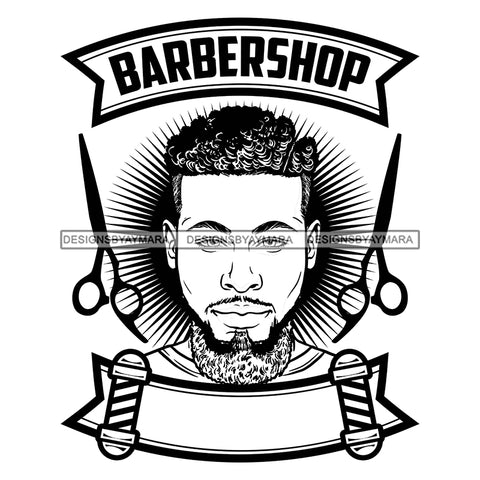 Afro Bearded Black Man Barbershop Logo Scissors Attractive Manly Mustache B/W SVG JPG PNG Vector Clipart Cricut Silhouette Cutting