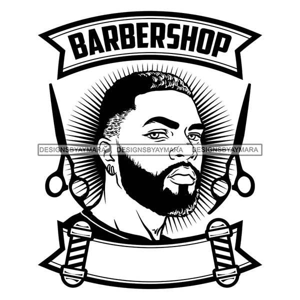 Afro Bearded Young Black Man Side View Barbershop Logo Scissors Attractive Manly Mustache B/W SVG JPG PNG Vector Clipart Cricut Silhouette Cutting