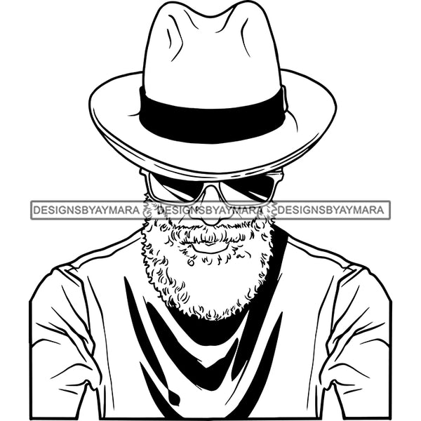 Sexy Old Black Man Bearded Sunglasses Classic Hat Fashion Style B/W SVG JPG PNG Vector Clipart Cricut Silhouette Cut Cutting
