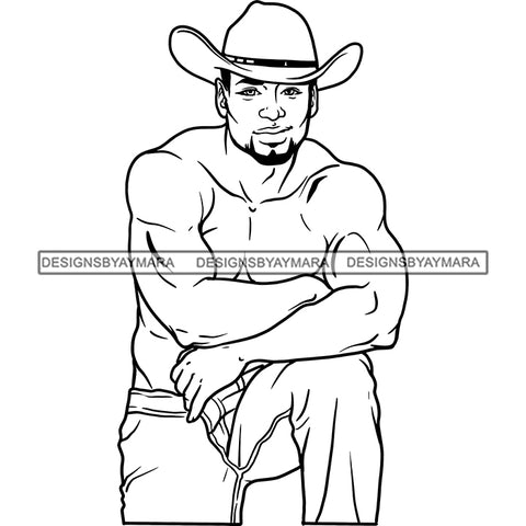 Sexy Black Man Smiling Shirtless Cowboy Hat Style Illustration B/W SVG JPG PNG Vector Clipart Cricut Silhouette Cut Cutting