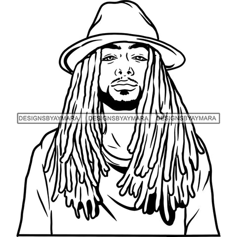 Sexy Black Man Fashion Model Confident Hat Style Long Dreadlocks Hairstyle B/W SVG JPG PNG Vector Clipart Cricut Silhouette Cut Cutting