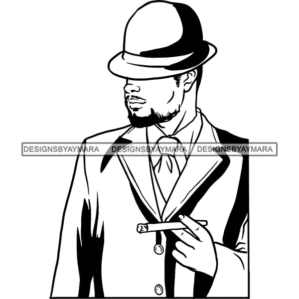 Sexy Black Man Holding Cigar Sophisticated Elegant Fashion Style B/W SVG JPG PNG Vector Clipart Cricut Silhouette Cut Cutting