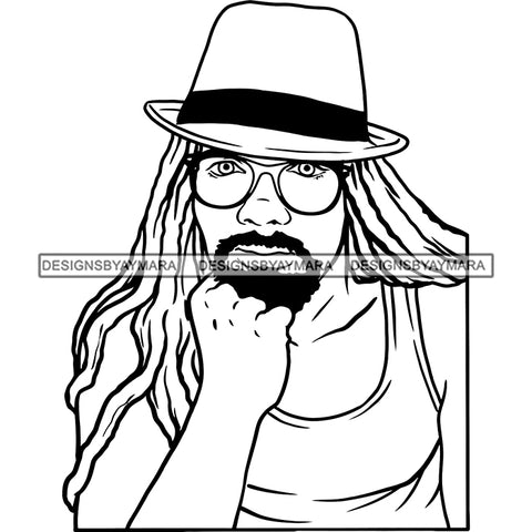 Sexy Black Man Glasses Hat Sleeveless T-Shirt Fashion Style Dreadlocks Hairstyle B/W SVG JPG PNG Vector Clipart Cricut Silhouette Cut Cutting