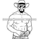 Sexy Black Man Fashion Model Shirtless Sunglasses Cowboy Hat Style Illustration B/W SVG JPG PNG Vector Clipart Cricut Silhouette Cut Cutting