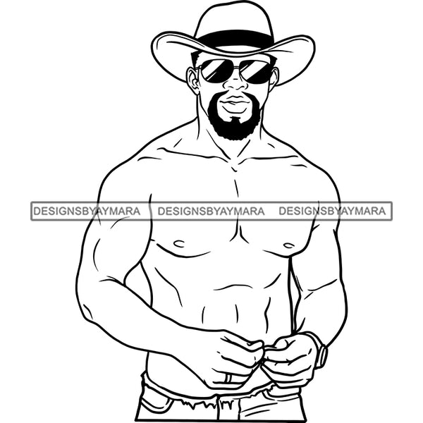 Sexy Black Man Fashion Model Shirtless Sunglasses Cowboy Hat Style Illustration B/W SVG JPG PNG Vector Clipart Cricut Silhouette Cut Cutting