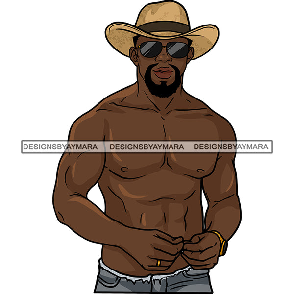 Sexy Black Man Fashion Model Shirtless Sunglasses Cowboy Hat Style Illustration SVG JPG PNG Vector Clipart Cricut Silhouette Cut Cutting