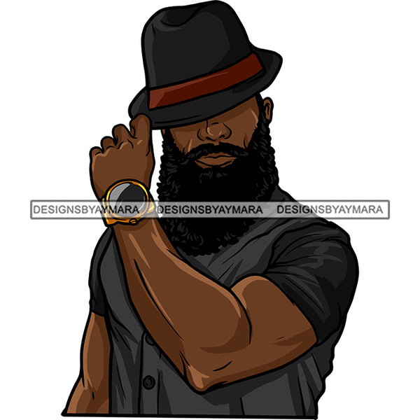 Sexy Black Man Attractive Bearded Earring Classic Hat Watch Fashion Style SVG JPG PNG Vector Clipart Cricut Silhouette Cut Cutting