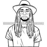 Sexy Black Man Glasses Cowboy Hat Style Long Dreadlocks Hairstyle B/W SVG JPG PNG Vector Clipart Cricut Silhouette Cut Cutting