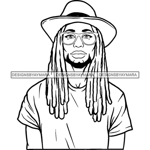 Sexy Black Man Glasses Cowboy Hat Style Long Dreadlocks Hairstyle B/W SVG JPG PNG Vector Clipart Cricut Silhouette Cut Cutting