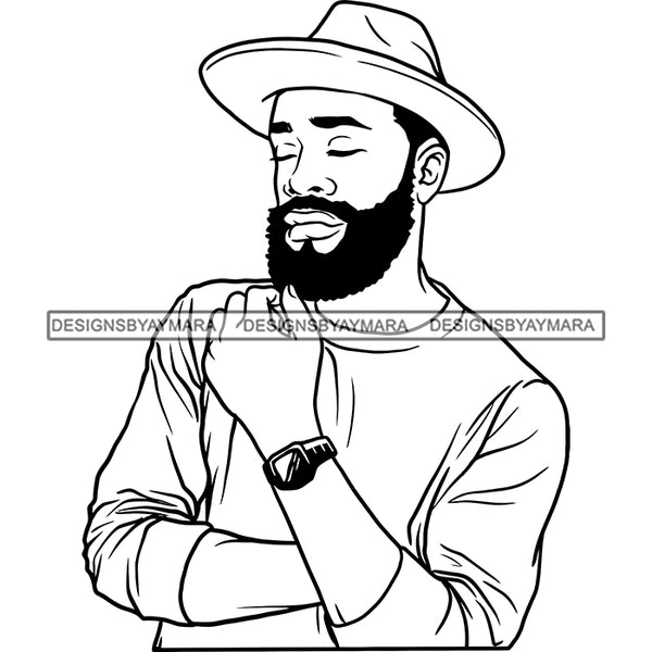 Sexy Black Man Confident Watch Hat Long Sleeve T-shirt Fashion Style B/W SVG JPG PNG Vector Clipart Cricut Silhouette Cut Cutting