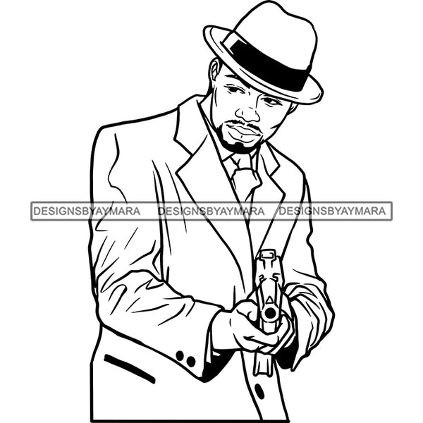 Sexy Black Man Holding Gun Elegant Gangster Hat Fashion Style B/W SVG JPG PNG Vector Clipart Cricut Silhouette Cut Cutting