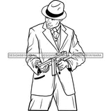 Sexy Black Man Standing Holding Gun Elegant Gangster Hat Fashion Style B/W SVG JPG PNG Vector Clipart Cricut Silhouette Cut Cutting