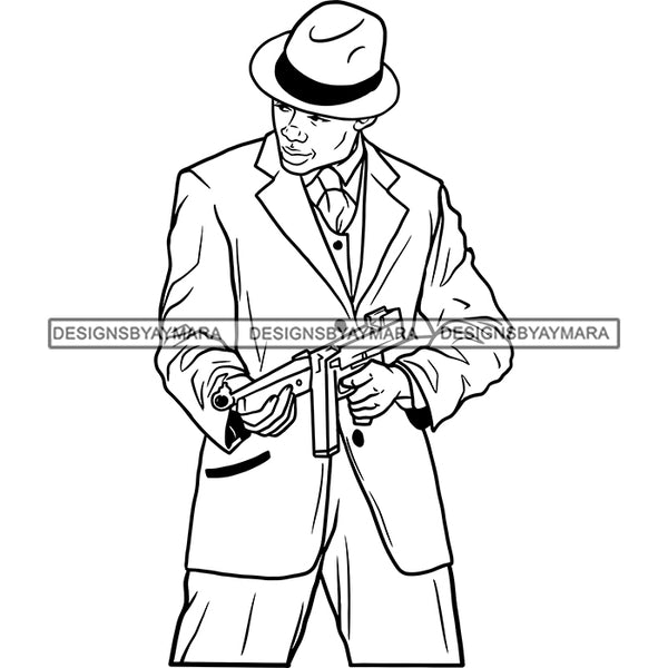 Sexy Black Man Standing Holding Gun Elegant Gangster Hat Fashion Style B/W SVG JPG PNG Vector Clipart Cricut Silhouette Cut Cutting