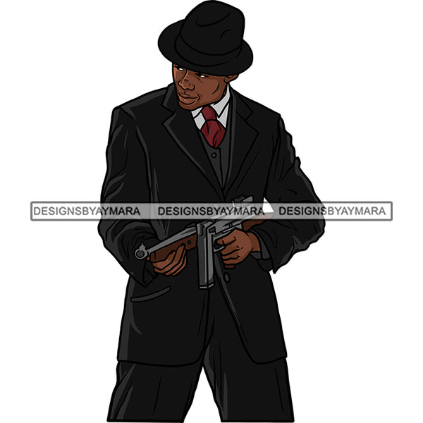 Sexy Black Man Standing Holding Gun Elegant Gangster Hat Fashion Style SVG JPG PNG Vector Clipart Cricut Silhouette Cut Cutting