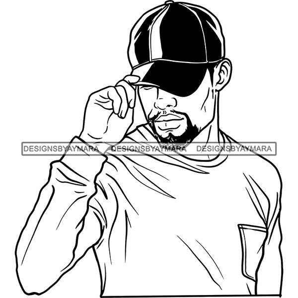 Sexy Black Man Confident Baseball Cap Long Sleeve T-Shirt Sportwear B/W SVG JPG PNG Vector Clipart Cricut Silhouette Cut Cutting