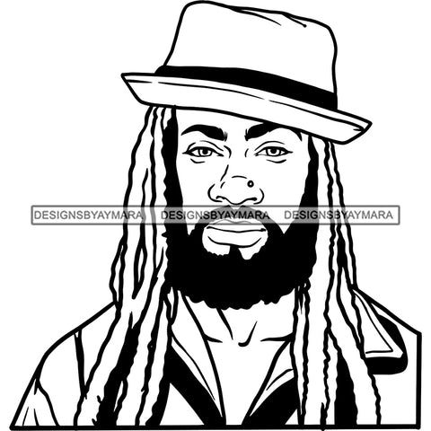 Sexy Black Man Portrait Confident Dreadlocks Classic Hat Fashion Style B/W SVG JPG PNG Vector Clipart Cricut Silhouette Cut Cutting