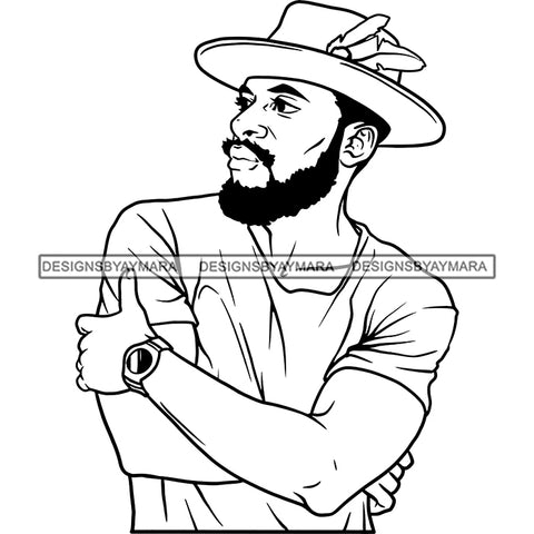 Sexy Black Man Fashion Model Confident Watch Feather Hat Fashion Style B/W SVG JPG PNG Vector Clipart Cricut Silhouette Cut Cutting