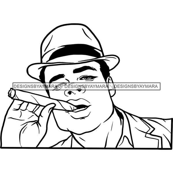 Sexy Black Man Portrait Smoking Cigar Classic Hat Fashion Style B/W SVG JPG PNG Vector Clipart Cricut Silhouette Cut Cutting