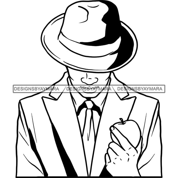 Sexy Black Man Holding Apple Elegant Classic Hat Fashion Style B/W SVG JPG PNG Vector Clipart Cricut Silhouette Cut Cutting