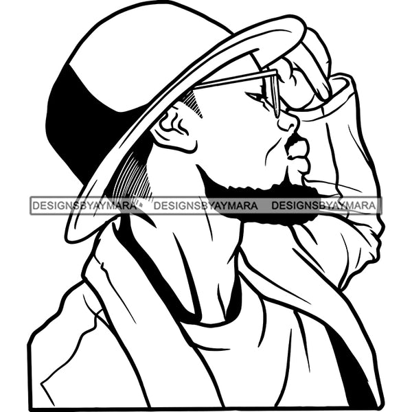 Sexy Black Man Profile Elegant Glasses Classic Hat Fashion Style B/W SVG JPG PNG Vector Clipart Cricut Silhouette Cut Cutting