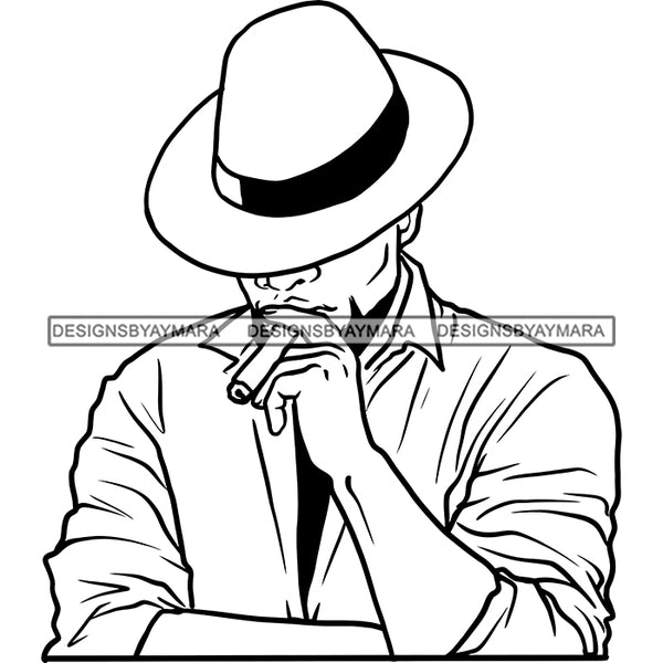 Sexy Black Man Head Down Smoking Cigar Classic Hat Fashion Style B/W SVG JPG PNG Vector Clipart Cricut Silhouette Cut Cutting