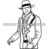 Sexy Black Man Smiling Confident Wearing Scarf Classic Hat Fashion Style B/W SVG JPG PNG Vector Clipart Cricut Silhouette Cut Cutting