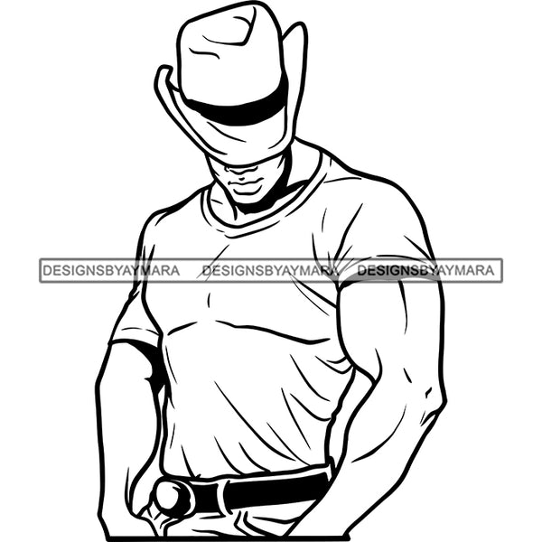 Sexy Black Man Strong Belt Cowboy Hat Short Sleeve T-Shirt Fashion Style B/W SVG JPG PNG Vector Clipart Cricut Silhouette Cut Cutting