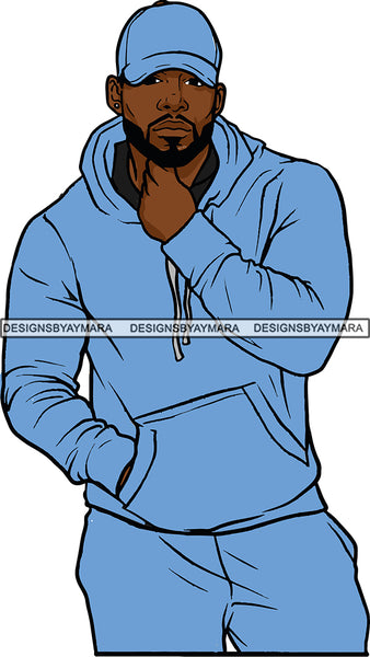 Afro Handsome Sexy Black Man Beard Blue Outfit Baseball Cap Model Fashion Male Guy Stylish Close-up Macho Earrings Manly SVG Files For Cutting
