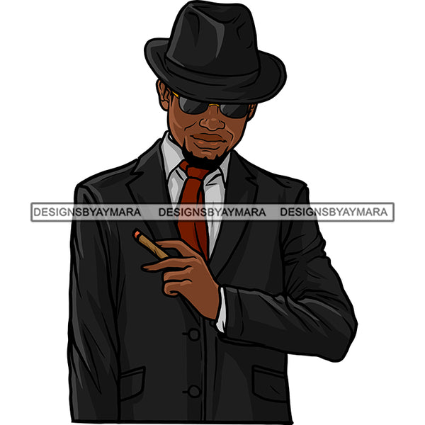 Attractive Classy Black Man Smoking Cigar Bearded Beard Dressing Elegant Suit Classy Hat Fashion Style SVG JPG PNG Vector Clipart Cricut Silhouette Cut Cutting